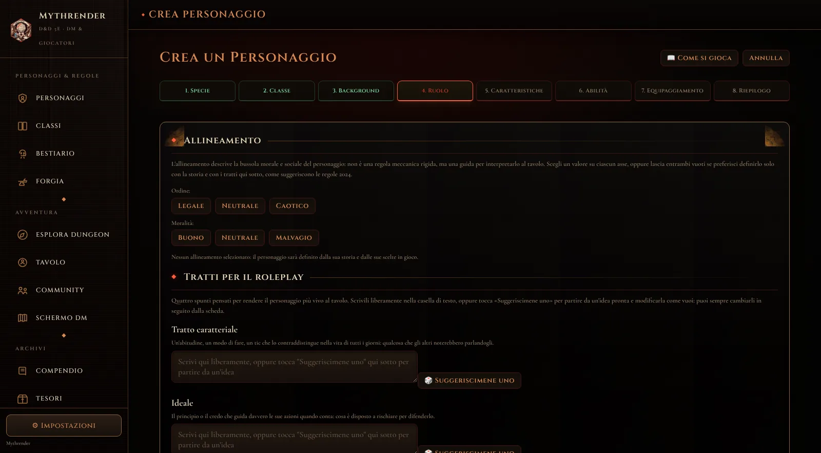 Passo Ruolo della creazione personaggio in Mythrender: scelta dell'allineamento e dei tratti da roleplay