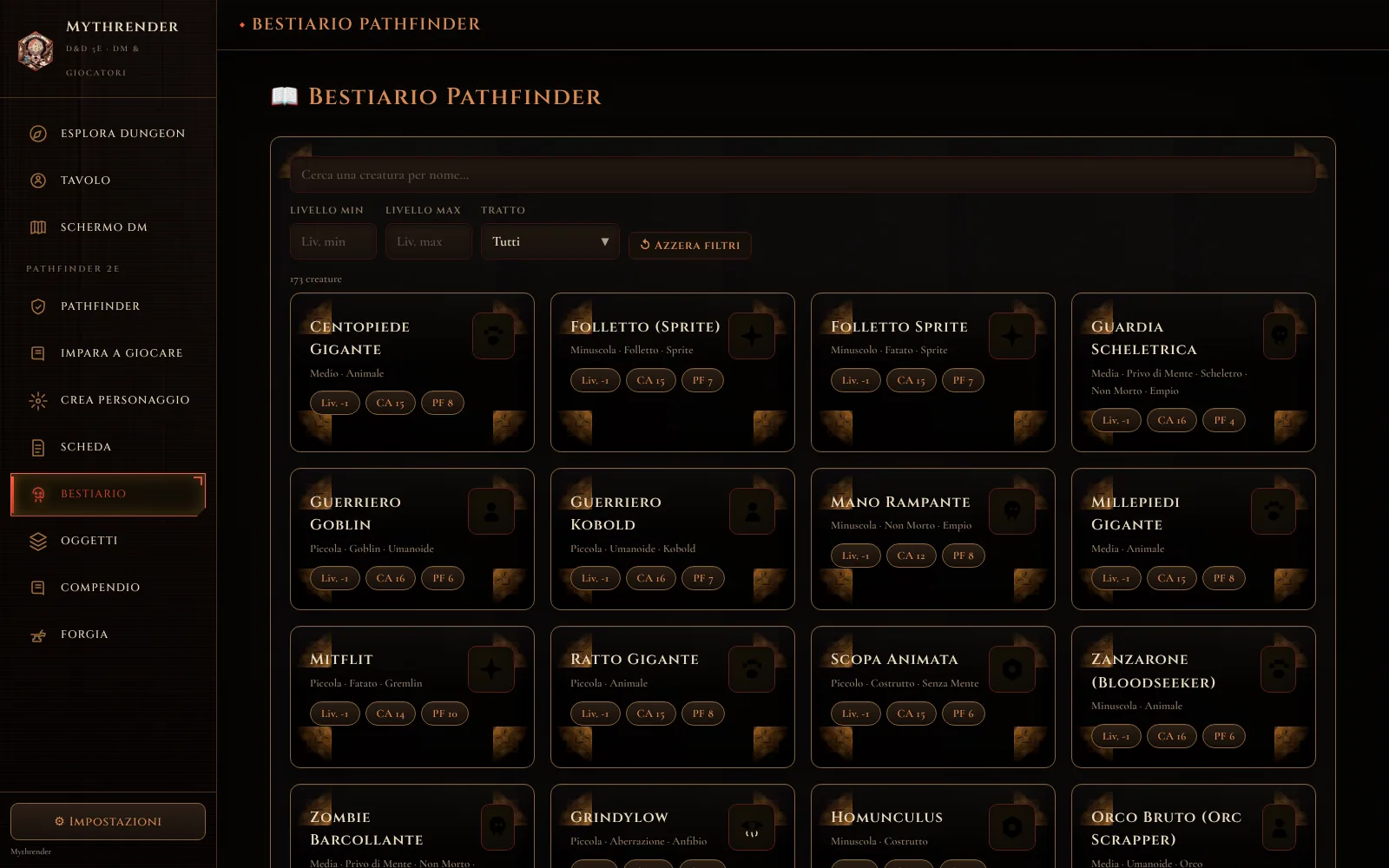 Bestiario Pathfinder di Mythrender con 173 creature filtrabili per livello e tratto